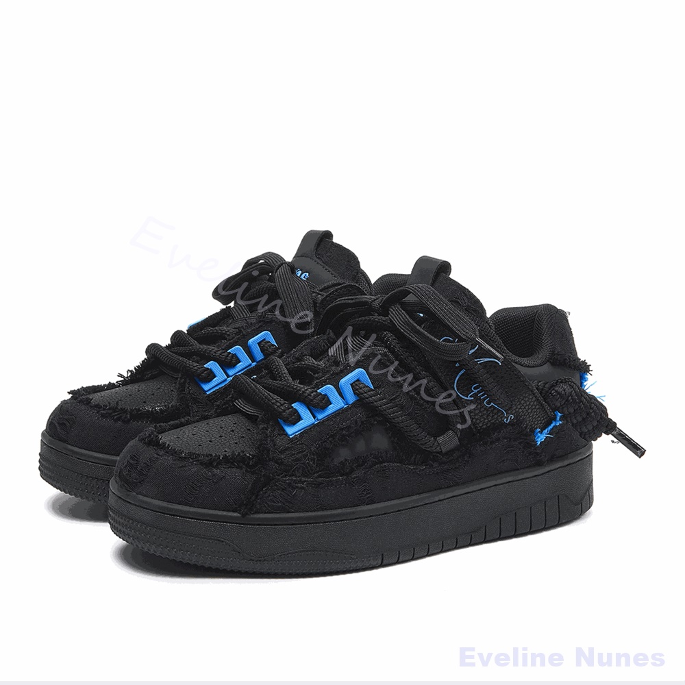 Embroidery Stitch - Black Frayed Raw Edge Platform Skate