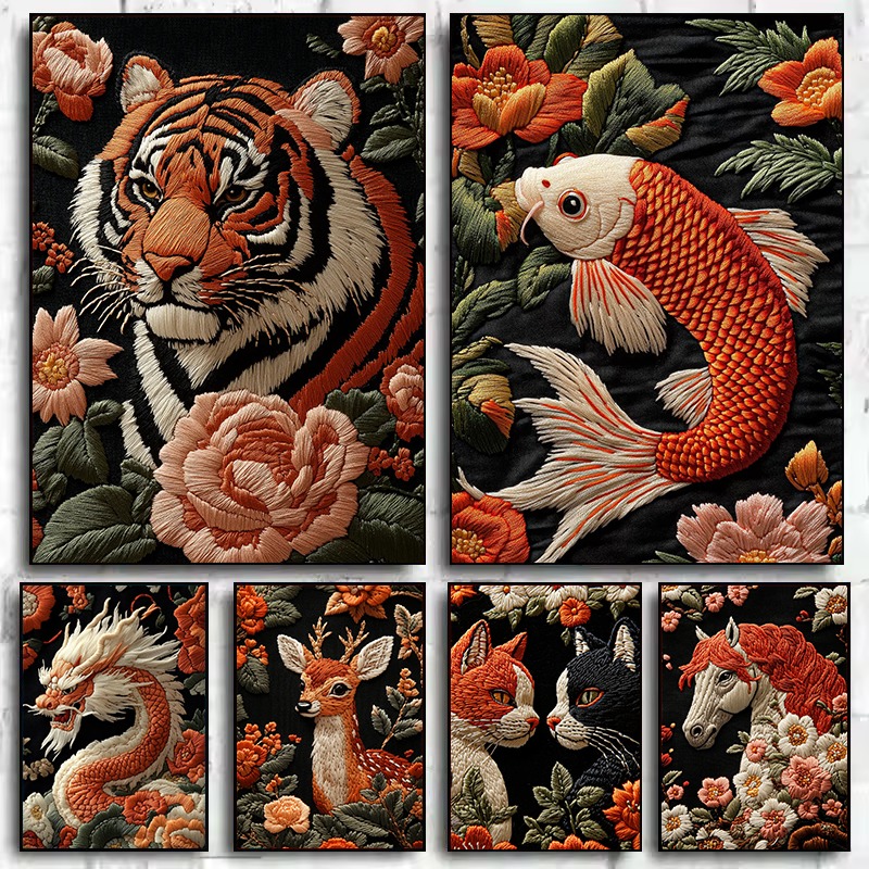 Embroidery Canvas - 1PC Embroidery Style Art Animals Poster