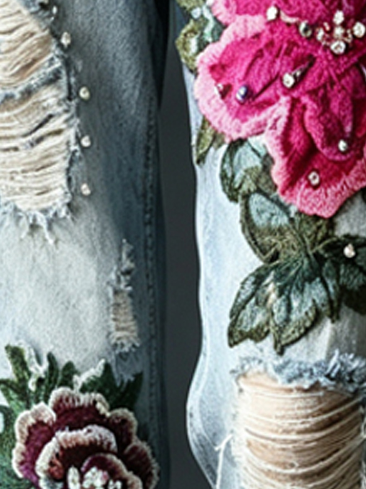 Embroidery Effect - Women's Vintage Distressed Jeans 3D Floral
