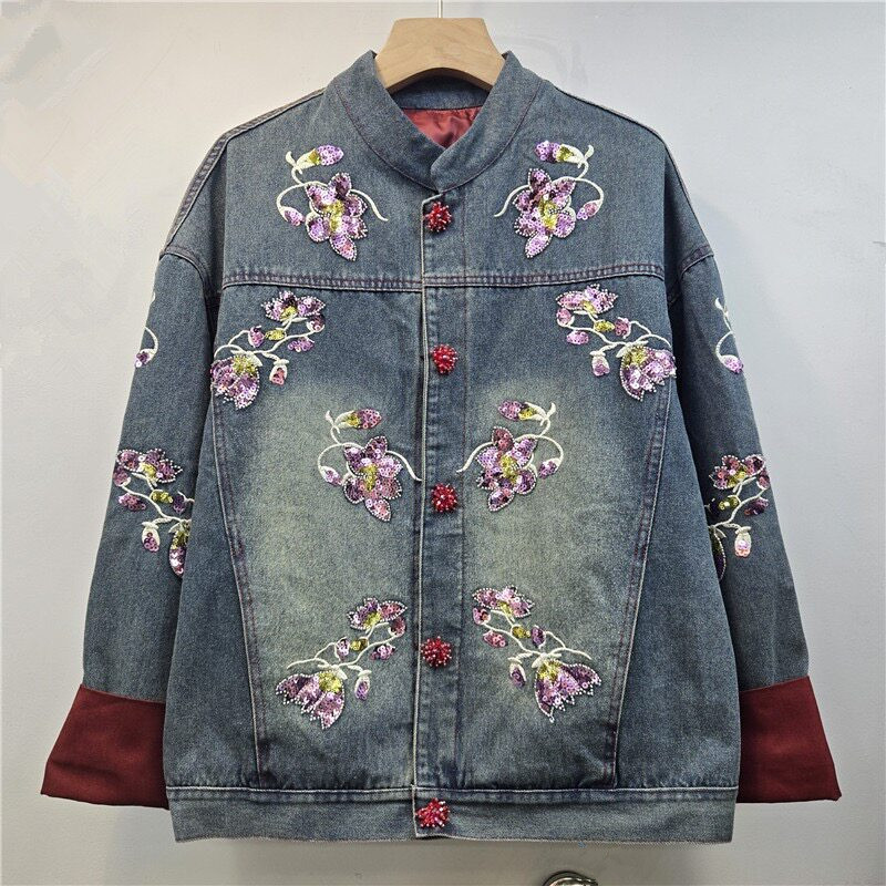 Embroidery Jacket Jeans - Heavy Work Sequins Flower Embroidery Contrast