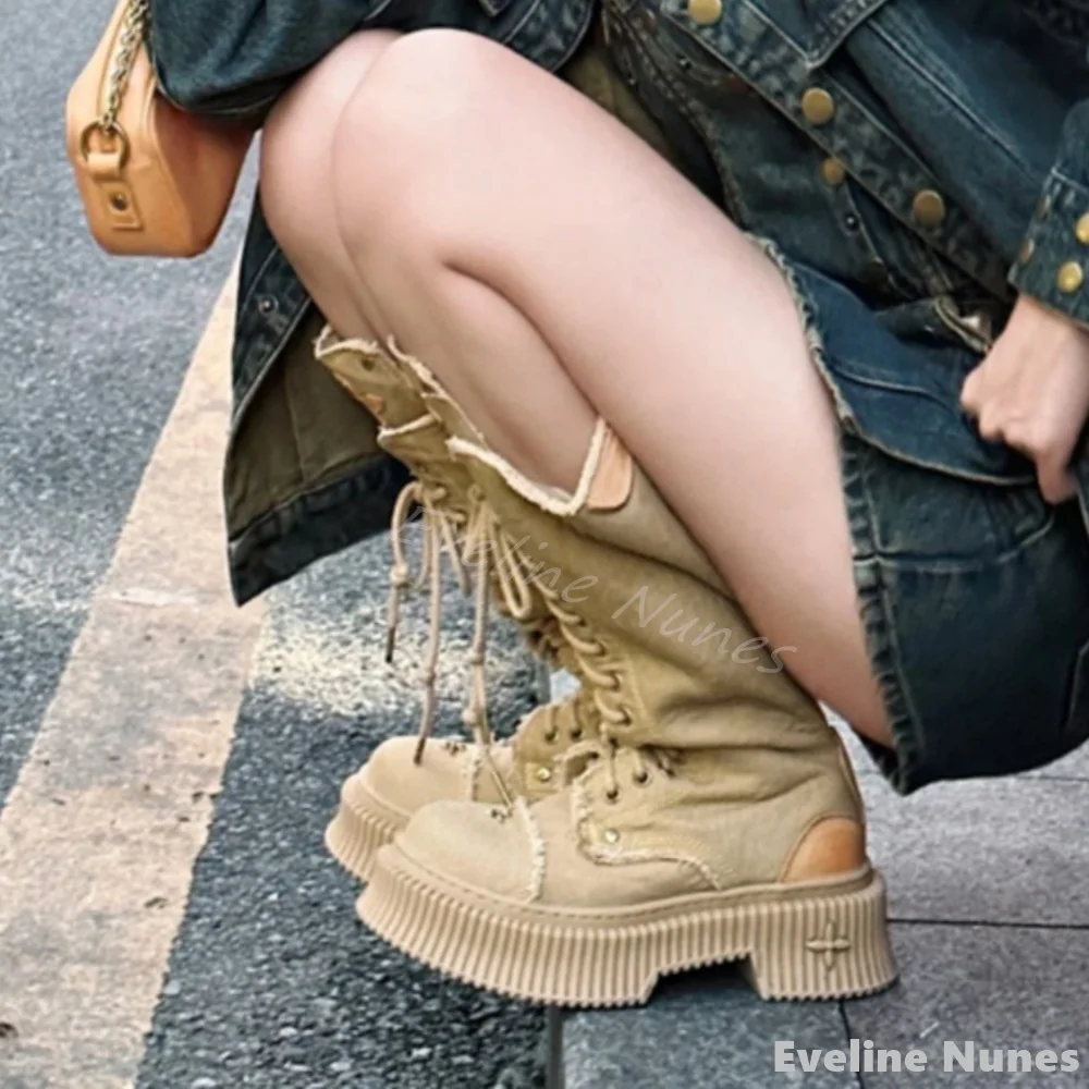 Cross-embroidery Lace-up Knee- - đánh giá và giá Embroidery Canvas