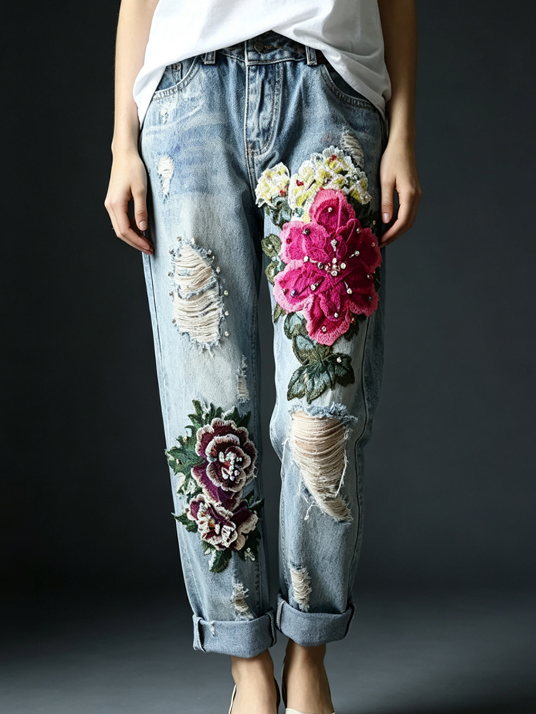 Women's Vintage Distressed Jea - đánh giá và giá Embroidery Effect