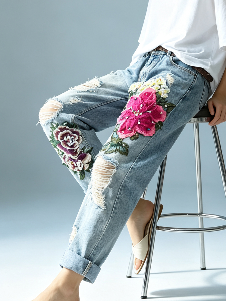 Women's Vintage Distressed Jea - đánh giá và giá Embroidery Effect