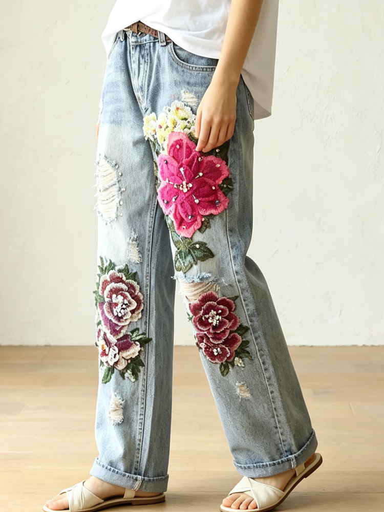 Women's Vintage Distressed Jea - đánh giá và giá Embroidery Effect